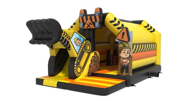 Château gonflable sur le thème du chantier et de la pelleteuse, décoré avec une pelle mécanique géante à l’avant, des panneaux de signalisation et des illustrations de travailleurs de chantier. Équipé d’un toboggan intégré et de motifs jaunes et noirs rappelant une zone de construction. Dimensions : 5,7 mètres de longueur, 3,75 mètres de largeur et 3,1 mètres de hauteur, conçu pour accueillir 6 à 12 enfants. Location disponible. | Le Paradis de Tigrou