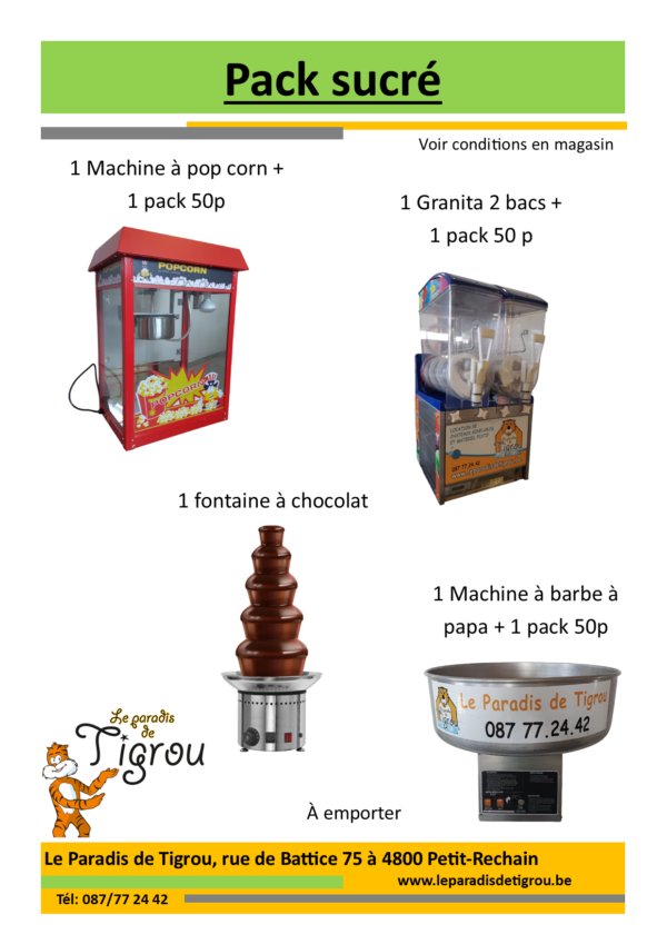 Image d'un Pack Sucré composé d'une machine à pop corn, d'une granita 2 bas, d'une machine à barbe à papa, et d'une fontaine à chocolat disponibles à la location pour les événements privés ou d'entreprise | Le Paradis de Tigrou
