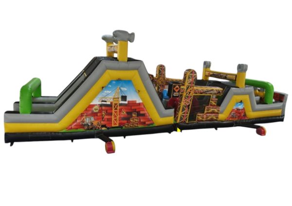 Découvrez le parcours gonflable Construction, une attraction de 16m x 4m x 5,20m avec toboggan et obstacles, idéale pour tous vos événements.