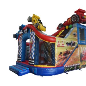 Château gonflable Formule 1 pour 15 à 20 enfants, avec toboggan et dimensions de 5m70 x 4m70 x 5m. Parfait pour des fêtes et événements inoubliables.