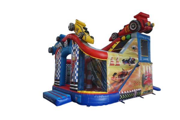 Château gonflable Formule 1 pour 15 à 20 enfants, avec toboggan et dimensions de 5m70 x 4m70 x 5m. Parfait pour des fêtes et événements inoubliables.