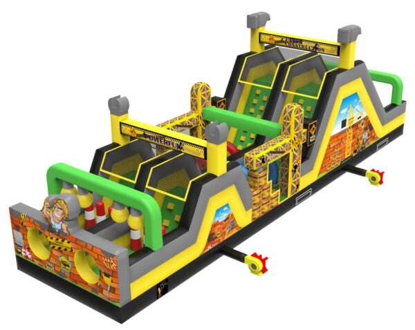 Parcours gonflable sur le thème de la construction avec obstacles, toboggan et décor de chantier – 16 mètres – Le Paradis de Tigrou