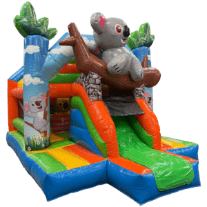 Château gonflable Koala coloré avec toboggan et obstacles, animation ludique pour enfants lors d’événements