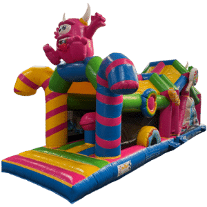 Parcours gonflable des Monstres coloré avec obstacles et arches monstres, animation dynamique pour enfants
